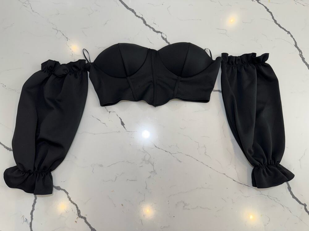 SHEIN Curve Bikini Top OXL Black Padded Underwire Off-Shoulder Puff Sleeve
